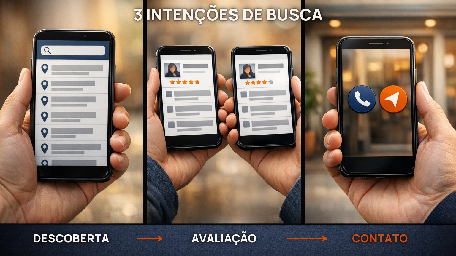 Três intenções de busca local no celular: descobrir resultados, comparar avaliações e entrar em contato
