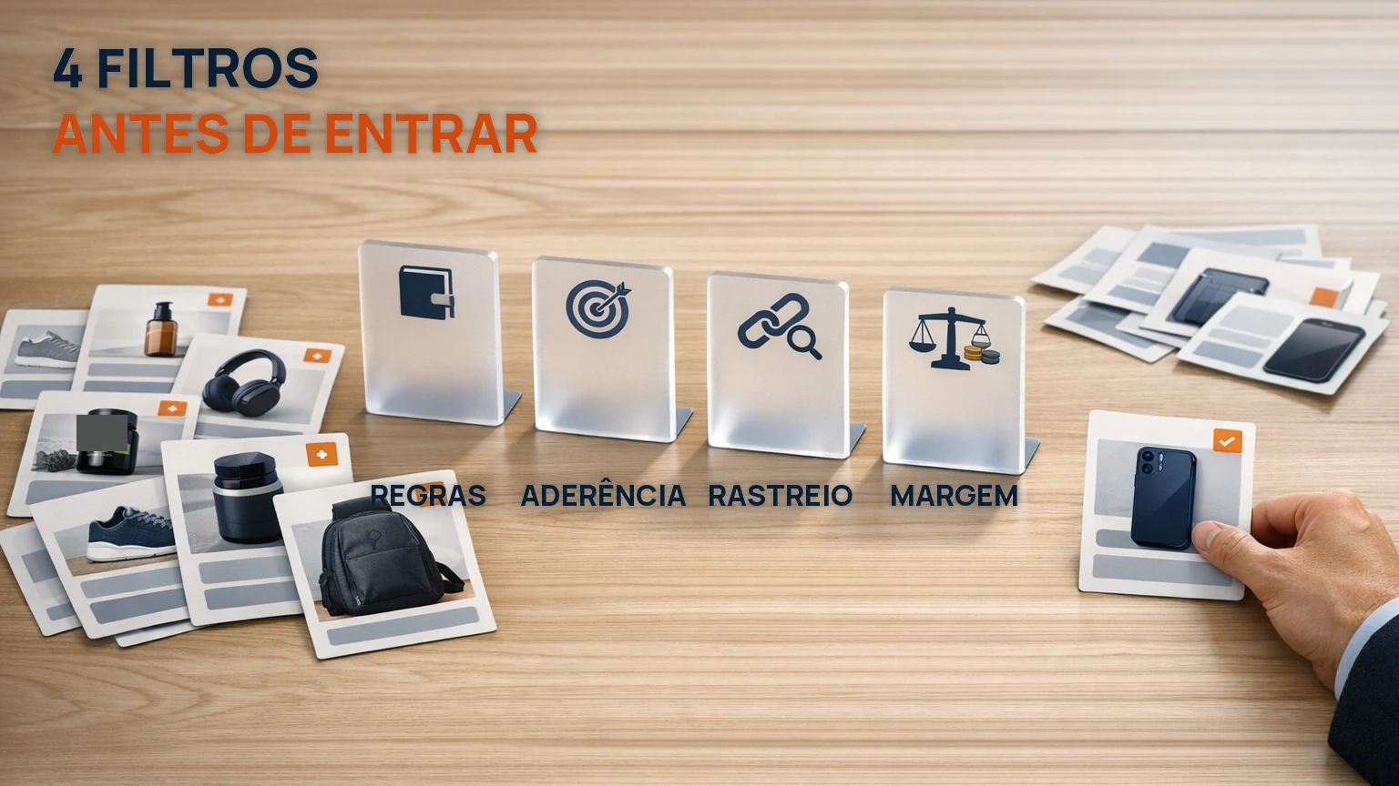 Ofertas de afiliados passando por quatro filtros — regras, aderência, rastreamento e margem — até restar um programa aprovado