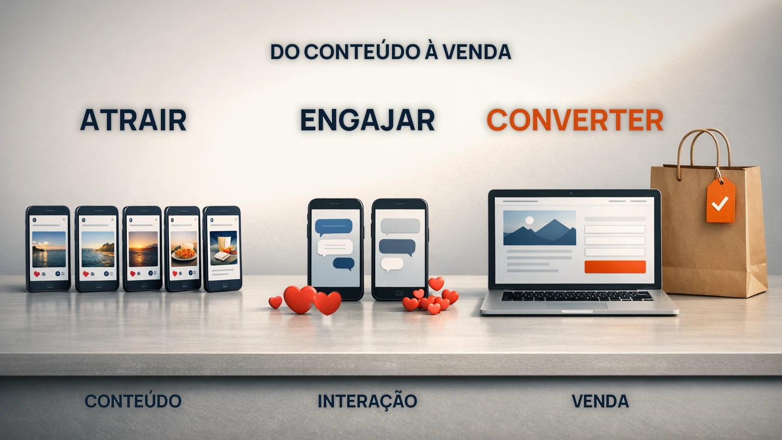 Jornada de marketing digital do conteúdo à venda: posts atraem, conversas engajam e a landing page converte