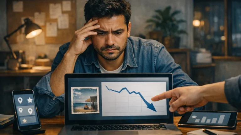 Anunciante preocupado diante de gráfico em queda no notebook enquanto um colega aponta a curva