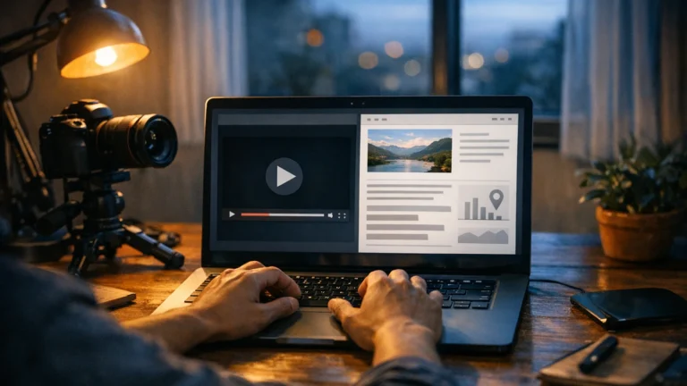 Mãos digitam em notebook que mostra um vídeo ao lado do artigo gerado, com câmera no tripé