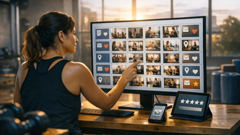 Dona de estúdio de treino revisa no monitor o calendário de conteúdo com fotos do negócio
