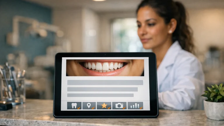 Tablet com artigo do blog de uma clínica odontológica no balcão da recepção, dentista ao fundo