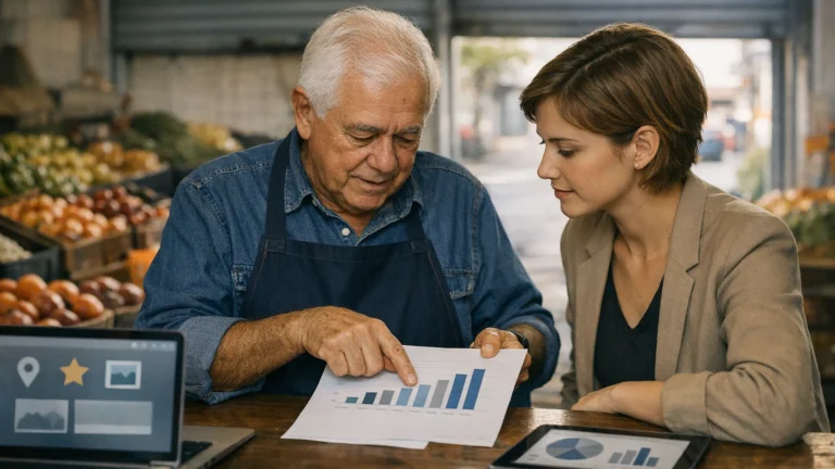 Dono de hortifrúti e consultora de marketing analisam juntos um relatório com gráfico