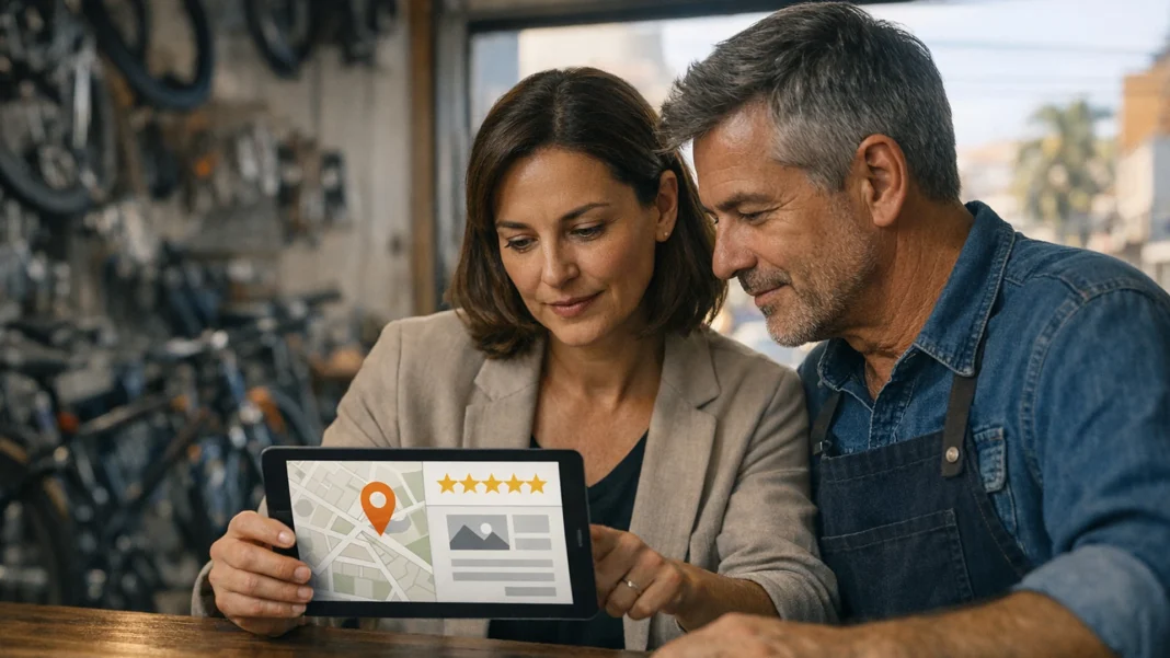 Consultora de SEO local e o dono de uma bicicletaria analisam no tablet o mapa, as avaliações e o site do negócio