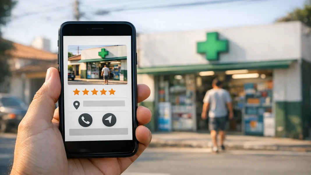 Celular mostra a ficha local de uma farmácia com cinco estrelas, localização e botões de contato, diante da própria farmácia