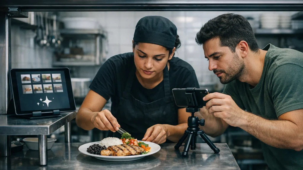 Cozinheira finaliza um prato enquanto colega o fotografa com celular no tripé para posts feitos com IA