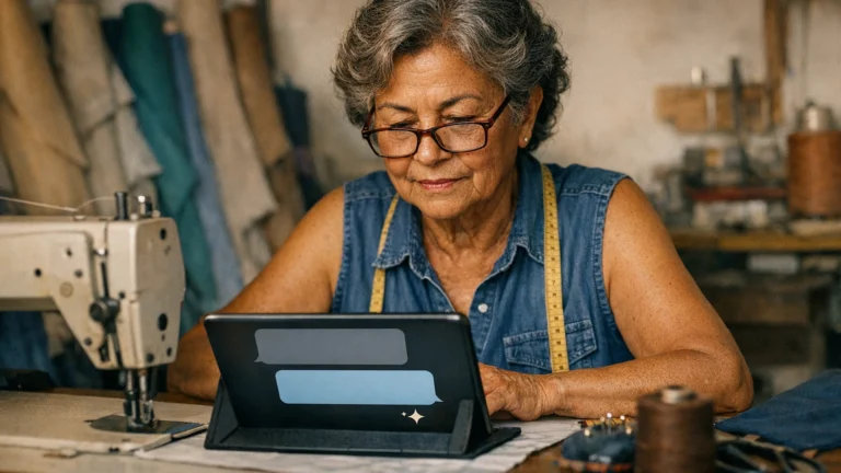 Costureira em seu ateliê usa um assistente de IA no tablet