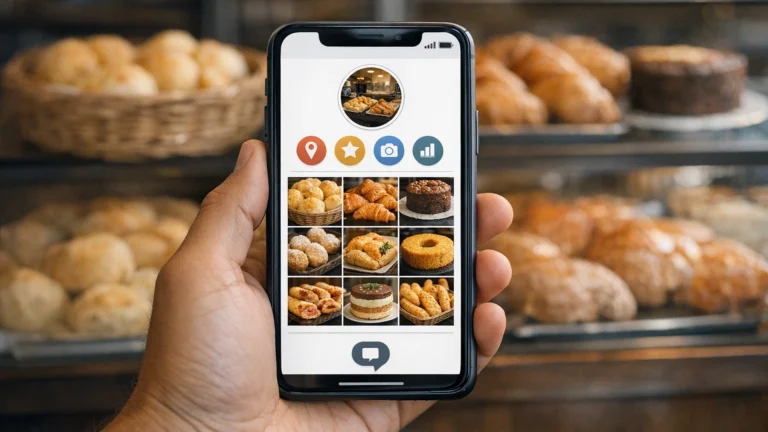 Celular mostra o perfil de uma padaria com grade de fotos de pães diante da vitrine