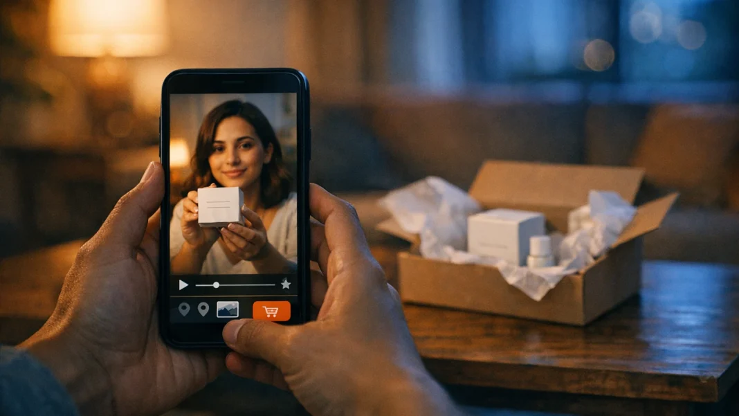 Cliente assiste no celular à resenha de uma criadora de conteúdo sobre o produto que acabou de chegar em casa