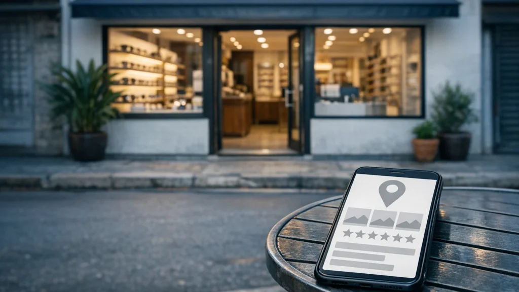 Fachada de ótica de bairro e, em primeiro plano, celular com perfil da empresa sem fotos e sem avaliações