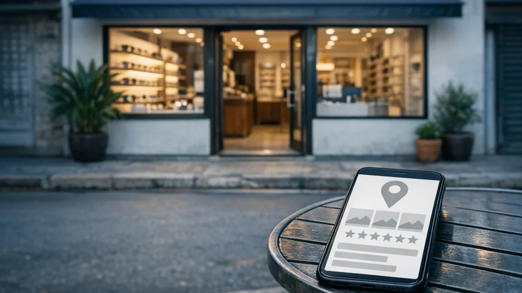 Fachada de ótica de bairro e, em primeiro plano, celular com perfil da empresa sem fotos e sem avaliações Fachada de ótica de bairro e, em primeiro plano, celular com perfil da empresa sem fotos e sem avaliações