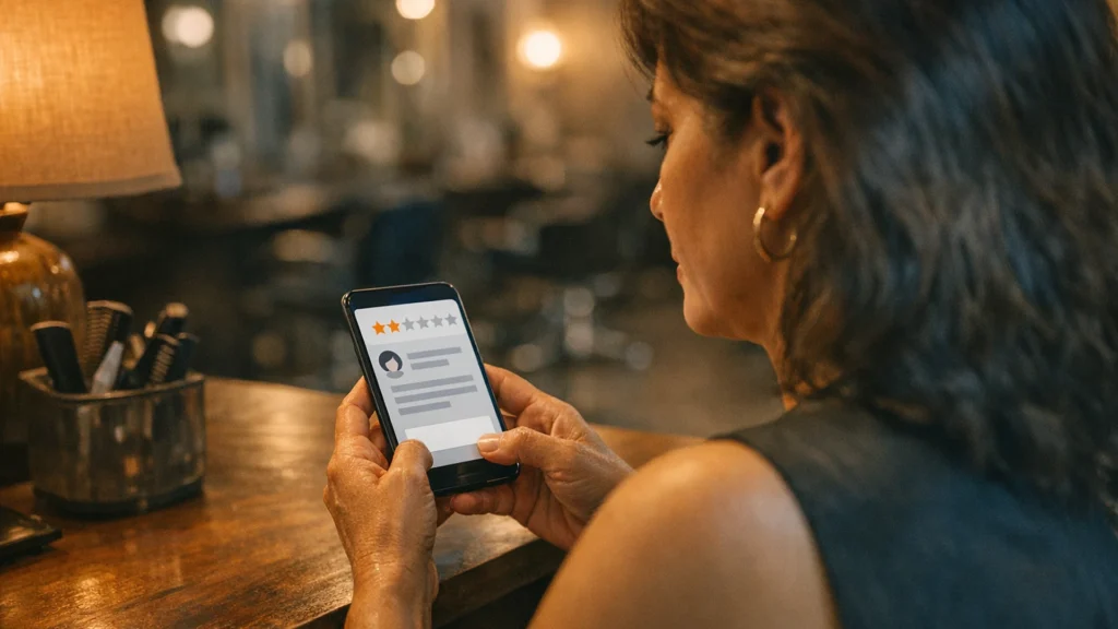 Dona de salão lê com calma uma avaliação baixa no celular antes de responder