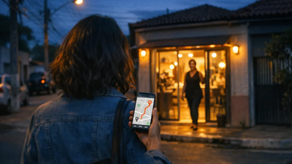 Cliente segue a rota no celular até um salão de beleza de bairro, que a recebe na porta ao anoitecer