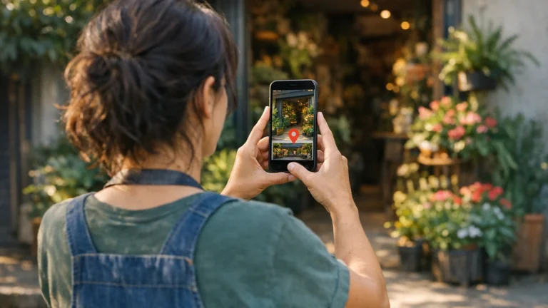 Dona de floricultura fotografa a fachada da loja com o celular para atualizar o perfil da empresa