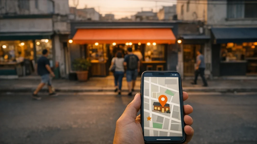 Celular com mapa e pin laranja apontando um café em rua comercial de bairro ao entardecer