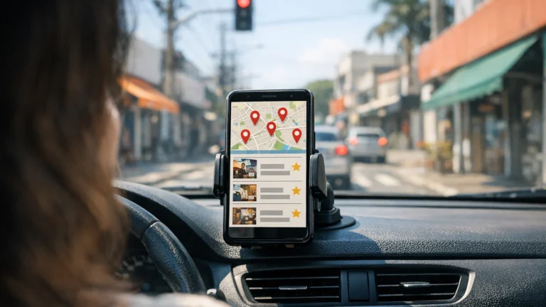 Motorista consulta mapa com empresas locais e avaliações no celular preso ao painel do carro