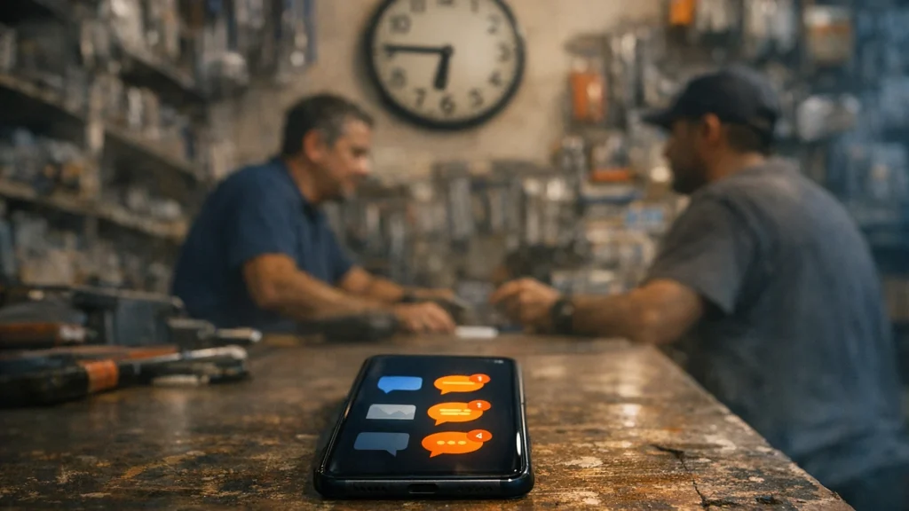 Celular com mensagens sem resposta no balcão de uma loja de ferragens enquanto o dono atende outro cliente