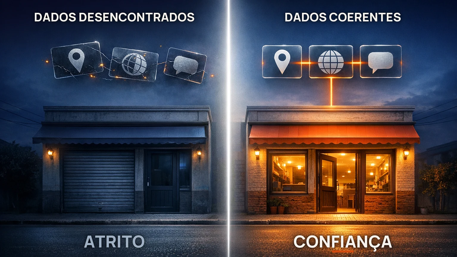 Comparação entre dados desencontrados, que geram atrito, e dados coerentes entre perfil, site e atendimento, que geram confiança