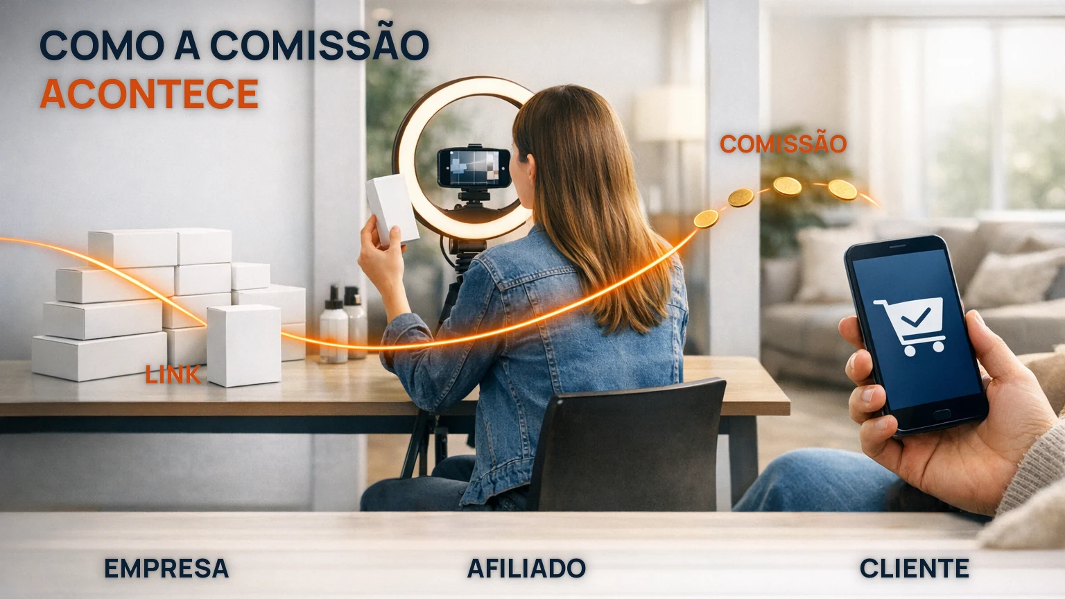 Fluxo do marketing de afiliados: produto da empresa, conteúdo do afiliado com link rastreável, compra do cliente e comissão