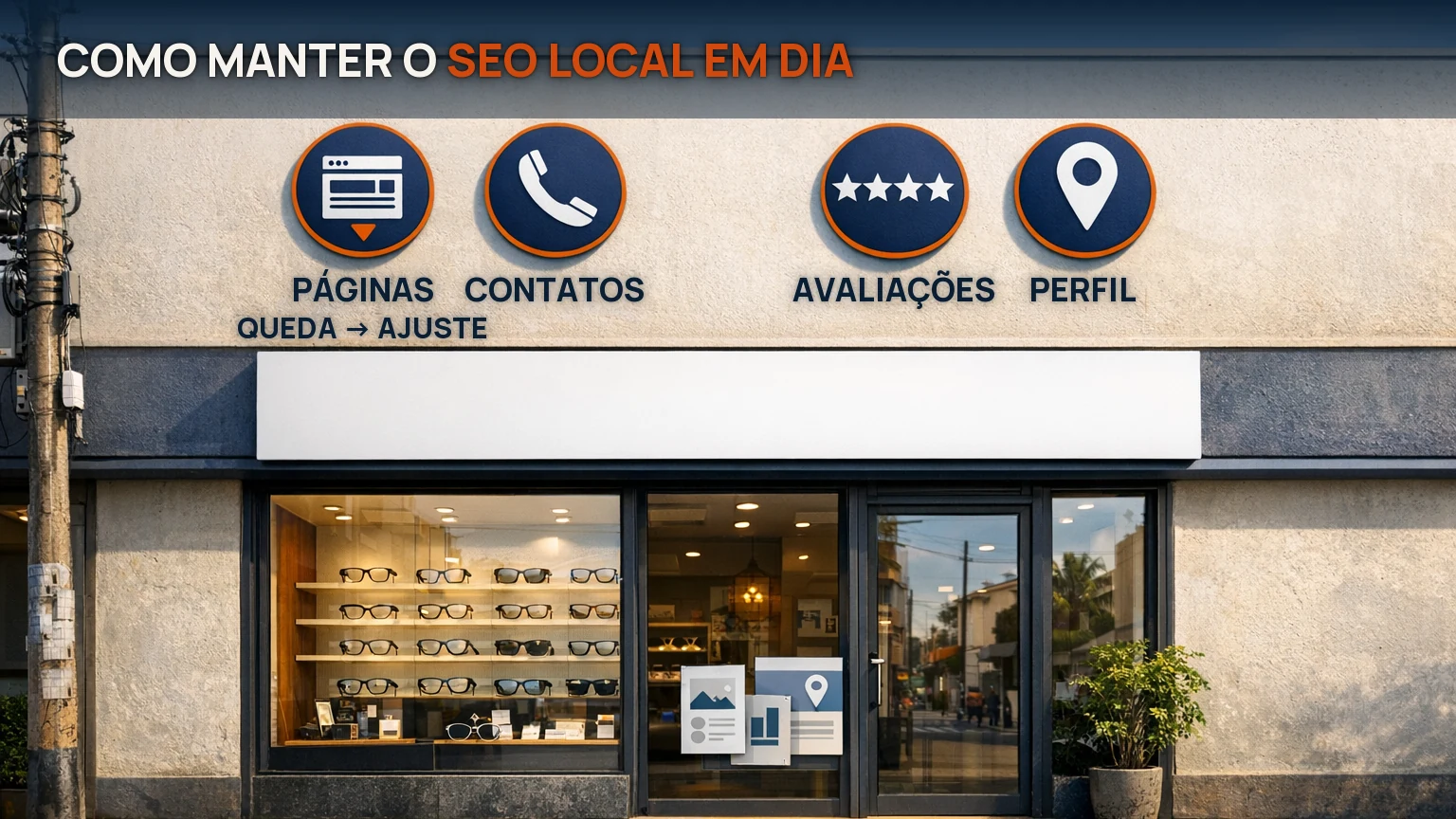 Ótica de bairro com sinais de SEO local — páginas, contatos, avaliações e perfil — e um sinal em queda pedindo ajuste