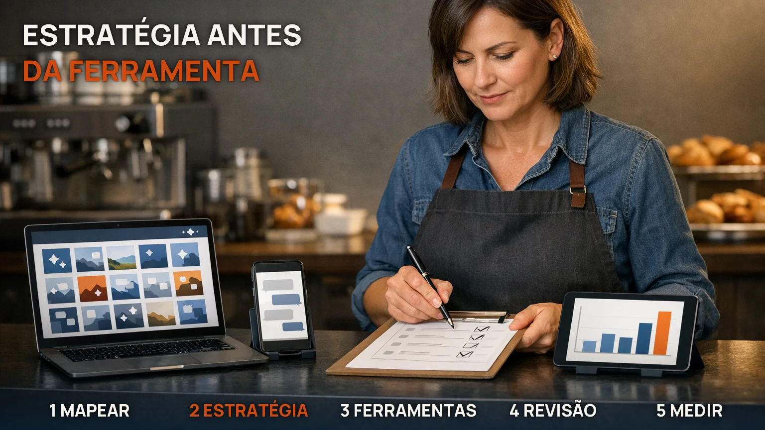Dona de cafeteria aprova o plano de marketing enquanto a IA ajuda com conteúdo, atendimento e dados