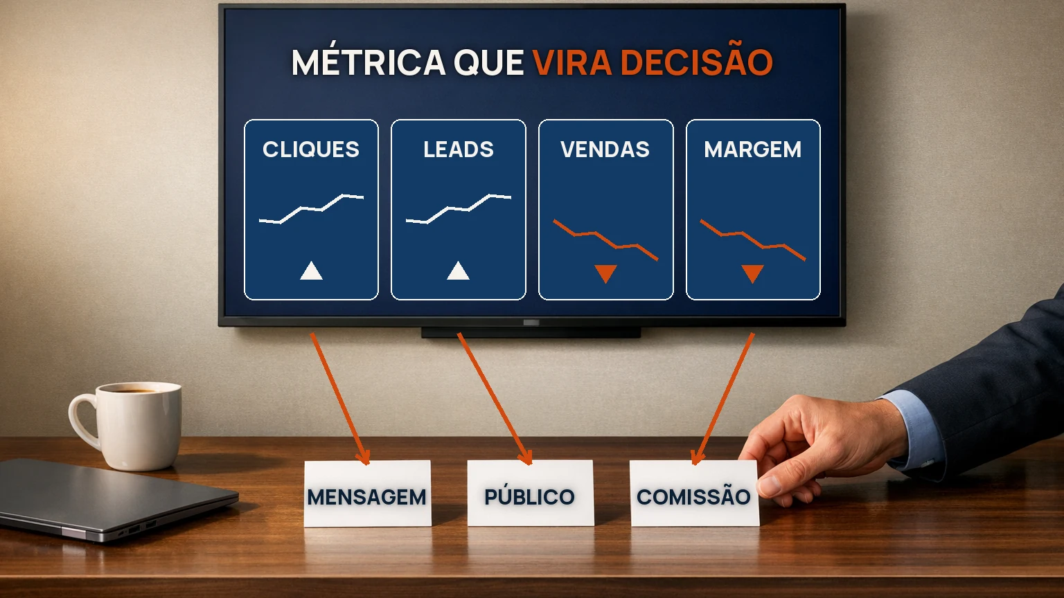 Dashboard de marketing com cliques, leads, vendas e margem, em que cada sinal leva a uma decisão