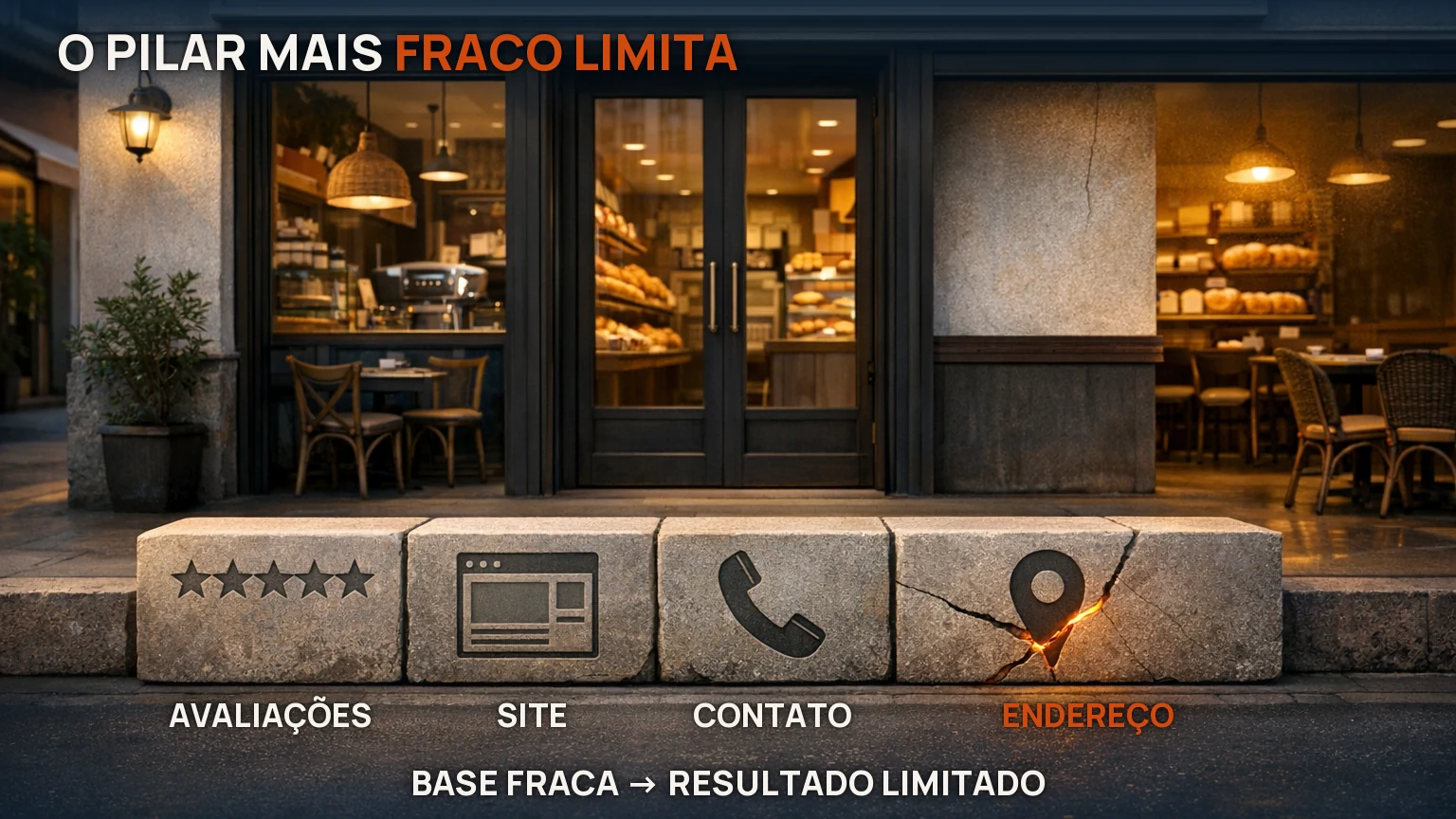 Padaria sustentada por avaliações, site, contato e endereço, com o bloco do endereço rachado limitando o resultado