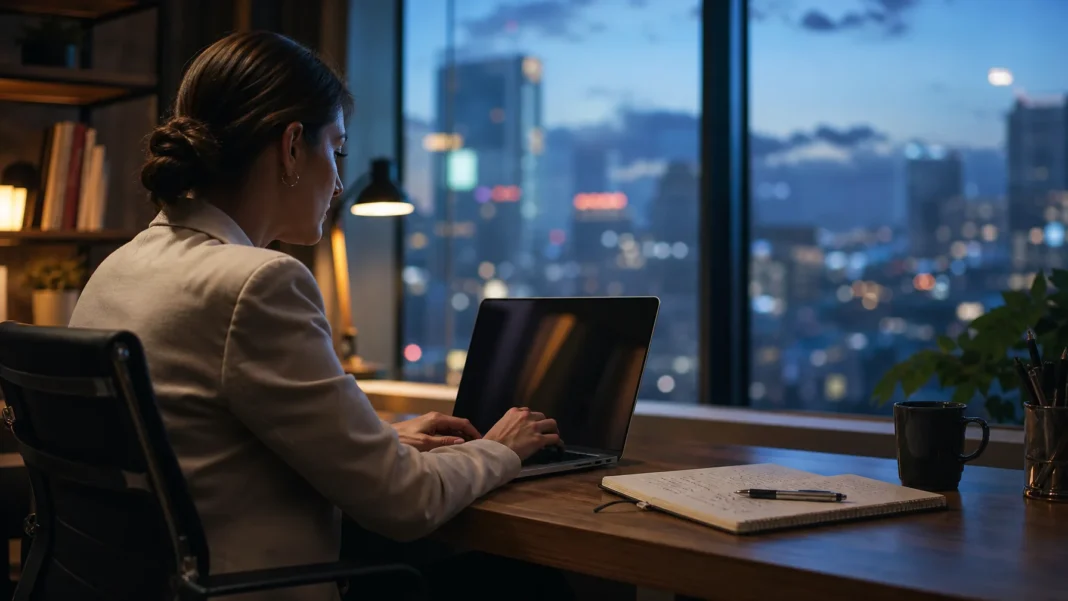 Profissional trabalhando no notebook em um escritório ao entardecer, com caderno de anotações sobre a mesa e a cidade iluminada ao fundo