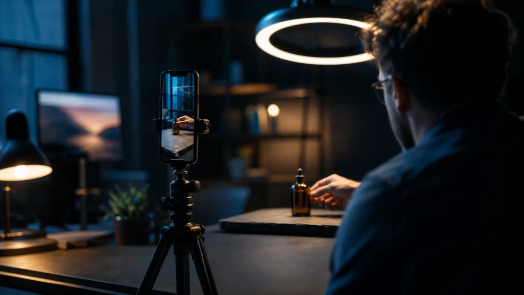 Celular em tripé gravando vídeo vertical de um frasco sob ring light, enquanto uma pessoa ajusta o produto na mesa