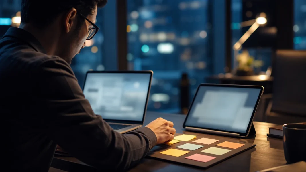 Profissional com notebook e tablet lado a lado organizando tarefas em notas adesivas coloridas sobre a mesa