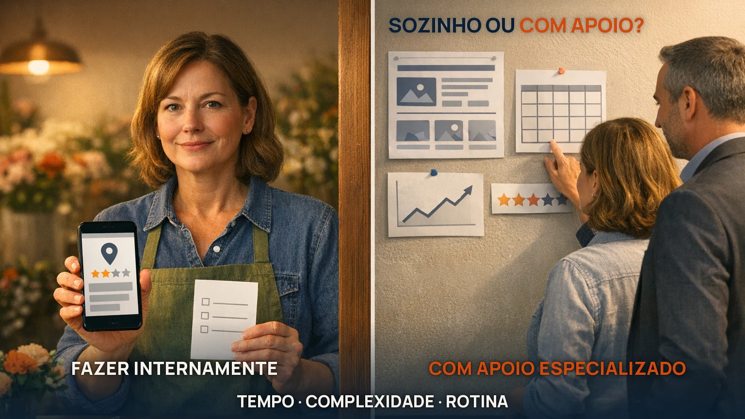 Dona de floricultura cuidando sozinha do perfil local ao lado da mesma dona planejando site, conteúdo e métricas com um especialista