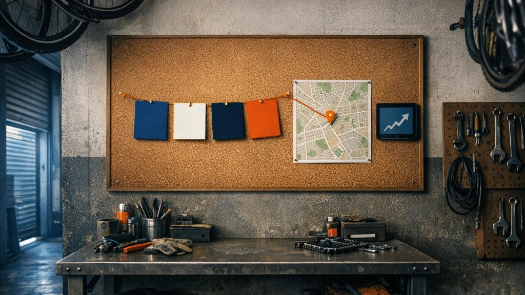 Quadro de planejamento com cartões ligados por fio laranja, mapa do bairro com pin e tablet com gráfico numa oficina de bicicletas